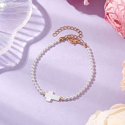 クロス合成ヘマタイトシェルパールブレスレット  304ステンレススチールロブスタークロウクラスプジュエリー女性用  ホワイト  6-7/8インチ（17.5cm）&nbsp;BJEW-JB10983