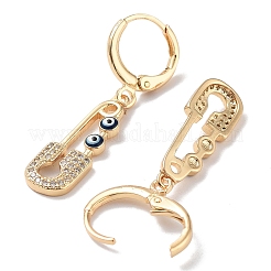 本物の18K金メッキ真鍮ダングルフレンチフックピアス  エナメル質とキュービックジルコニア付き  ナザールボンジュウの安全ピン  ダークブルー  36.5x8mm&nbsp;EJEW-L269-016G-01