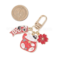 幸運の猫魚花合金エナメルペンダント装飾  バッグ飾り用の回転留め具チャーム  レッド  68mm&nbsp;HJEW-JM02873-01