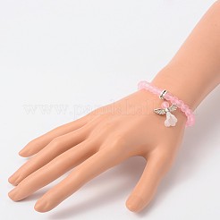 子供用伸縮性のある艶消しガラスビーズ子供チャームブレスレット  チベット風アクリルのパーツ  素敵なウェディングドレスエンジェルダングル  アンティークシルバー  ピンク  40mm&nbsp;BJEW-JB01769-06