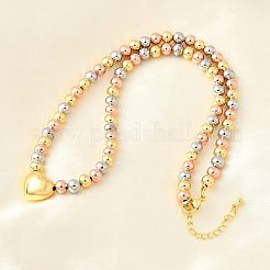 女性用3色真鍮ハート＆ラウンドビーズネックレス  カドミウムフリー＆鉛フリー  ラックめっき  長持ちメッキ  ミックスカラー  18.11インチ（46cm）&nbsp;NJEW-D314-10PG