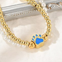 真鍮マルチ連ブレスレット  女性用エナメルチャームブレスレット  足跡  イオンプレーティング（ip）  18KGP本金メッキ  プラスチックパールと304ステンレススチールのカニカン付き  ミックスカラー  7-1/4インチ（18.3cm）&nbsp;BJEW-M056-09G