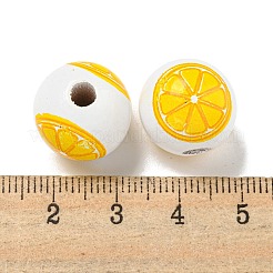 プリントウッドヨーロピアンビーズ  レモン模様の丸  ゴールド  15.5~16mm  穴：4~4.5mm&nbsp;WOOD-G022-19A