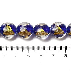 手作りの金箔と銀箔のランプワークのフラットラウンドいビーズ  ブルー  14~14.5x8.5~9mm  穴：1.6~1.8mm&nbsp;FOIL-C001-02I