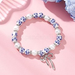 真鍮の蝶結びチャームブレスレット  女性用プリント磁器＆ガラスパールビーズストレッチブレスレット  プラチナ  ミックスカラー  内径：2-3/8インチ（6cm）&nbsp;BJEW-JB12905