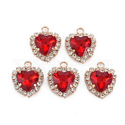 ガラスチャーム  明るい金色の真鍮のパーツと  長持ちメッキ  多面カット  ハート  ファイヤーブリック  18x15x6mm  穴：2mm&nbsp;GLAA-Q088-019