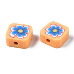 手作り樹脂粘土ビーズ  ジュエリー工芸用品のDIY用  花の正方形  ディープスカイブルー  9~9.5x9.5x4~4.5mm  穴：1.8mm&nbsp;CLAY-N008-034F