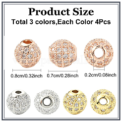 12個3色の真鍮キュービックジルコニアビーズ  ラウンド  ミックスカラー  8x7mm  穴：2mm  4個/カラー&nbsp;ZIRC-YW0001-25