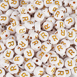500個メッキアクリルビーズ  ゴールドライン入り  水平穴  アルファベット付きのフラットラウンド  ホワイト  文字r  7x3.5mm  穴：1.2mm&nbsp;PACR-TADJ0001-01R