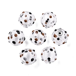 透明なガラスエナメルビーズ  手描きのビーズ  スポット模様で丸く  サドルブラウン  13.5~15x14mm  穴：2~2.5mm&nbsp;GLAA-G084-01A