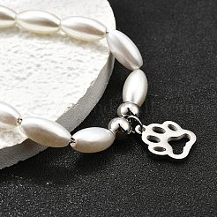 304ステンレススチール製足跡チャームブレスレット女性用  プラスチック製の模造パールビーズ付き  ステンレス鋼色  7インチ（17.9cm）&nbsp;BJEW-C098-12P