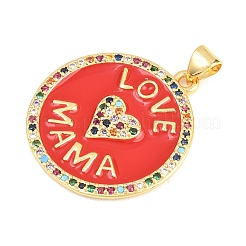 真鍮製マイクロパヴェキュービックジルコニアペンダント  エナメル  「Love Mama」の文字が入ったフラットラウンド型チャーム  レッド  ゴールドカラー  28x25x2.5mm  穴：4x3.5mm&nbsp;KK-A297-05G