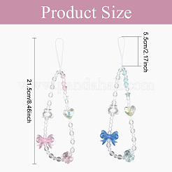 透明アクリル＆プラスチックビーズ携帯ストラップ  ナイロン糸で  クマと蝶結びと花とハート  ピンク  215mm&nbsp;HJEW-YW00380-01
