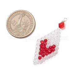 ガラスチャーム  ハートを持つ菱形  銅線と  多面カット  レッド  50.5x22x6mm  穴：2mm&nbsp;PALLOY-MZ01046