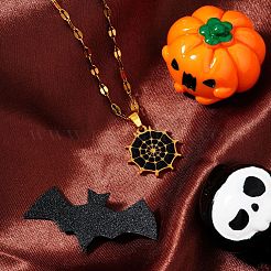 ハロウィン 304ステンレススチール エナメルペンダントネックレス  ユニセックスの金メッキダップチェーン付き  クモの巣  ブラック  15.75インチ（40cm）&nbsp;AJ4171
