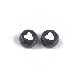 不透明なアクリルビーズ  ハート付きフラットラウンド  ブラック  7x3.5mm  穴：1.2mm  約3700個/500g&nbsp;MACR-S273-18