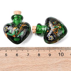 手作りランプワーク香水瓶ペンダント  ハートチャーム  コルク付き  シーグリーン  32~33x25~26x14~15mm&nbsp;LAMP-H072-02B