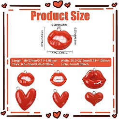 12個6スタイル不透明樹脂ペンダント  リップ＆ハート  プラチナループ付き  レッド  18~27x20.5~27.5x6.5~7mm  穴：2mm&nbsp;RESI-CZJ0001-01