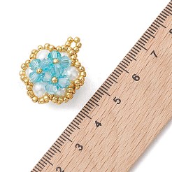 ガラスシードビーズペンダント  花のチャーム  ガラスとガラスパール付き  多面カット  空色  26x21x15.5mm  穴：2mm&nbsp;PALLOY-MZ01288-02