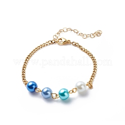 女性用 304 ステンレススチールカーブチェーン付きガラスパールリンクブレスレット  ミックスカラー  7-1/4インチ（18.5cm）&nbsp;BJEW-JB08708