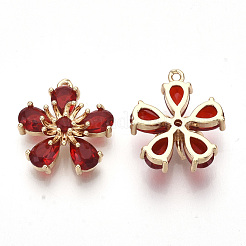 クリアガラスペンダント  ゴールデントーン真鍮パーツ  多面カット  花  レッド  16x14.5x6mm  穴：1mm&nbsp;X-GLAA-R212-06B