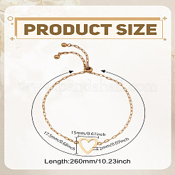 女性用ステンレススチールアズキチェーンスライダーブレスレット1個  ハート  ゴールドカラー  10-1/4インチ（26cm）  ハート：15.5x17.5x2mm&nbsp;BJEW-LP0002-23B