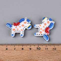印刷された不透明樹脂ビーズ  花柄の馬  カラフル  27x33x6mm  穴：1.4~1.5mm&nbsp;RESI-N043-07A