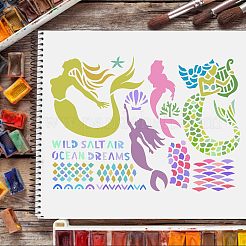 大きなプラスチック製の再利用可能な描画絵画ステンシル テンプレート  スクラップブック、布地、タイル、床、家具、木材の塗装用  長方形  人魚模様  297x210mm&nbsp;DIY-WH0202-210