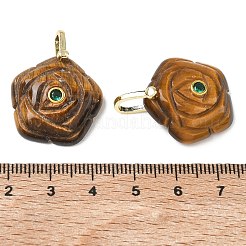 天然石混合石彫刻ペンダント  真鍮製のマイクロパヴェキュービックジルコニア金具を使用したバラの花のチャーム  ゴールドカラー  染めと未染色の混合  22~22.5x22.5~23x7~8.5mm  穴：6~6.5x4~5mm&nbsp;GG-CBAF4FB-01G