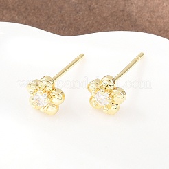 真鍮マイクロペーブクリアキュービックジルコニアスタッドピアス  花  長持ちメッキ  ラックめっき  鉛フリー＆カドミウムフリー  18KGP本金メッキ  7x7mm&nbsp;EJEW-F405-15G