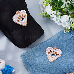 布製コンピューター刺繍縫い付けパッチ2個  スパンコールアップリケ  マスクと衣装のアクセサリー  ビーズで  ハート＆アイ  ピンク  69x62.5x7mm&nbsp;PATC-FH0001-39A