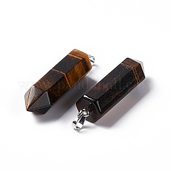 ナチュラルタイガーアイダブルエンドポインテッドペンダント  プラチナトーンの真鍮パーツ  弾丸  39x10x10mm  穴：3x6mm&nbsp;G-G926-01P-03