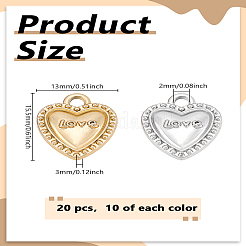 20色UVメッキ合金ペンダント2個  愛のチャームを持つ心  プラチナ·ゴールデン  15.5x13x3mm  穴：2mm  10個/カラー&nbsp;ALRI-LP0001-04