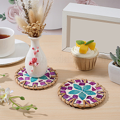 ラタンカップマット2枚  シェルコースター  花付きフラットラウンド  暗い蘭  98~102x6mm&nbsp;AJEW-CN0005-99C