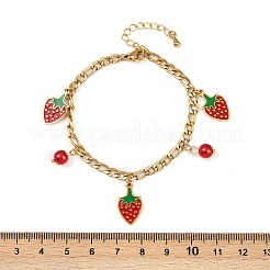 女性用304ステンレススチールエナメルチャームブレスレット  苺  アクリルビーズで  イオンプレーティング（ip）  18KGP本金メッキ  6-1/2インチ（165mm）&nbsp;BJEW-G747-01G