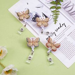 バタフライラインストーンバッジリール  格納式バッジホルダー  鉄のワニ口クリップとプラスチックの透明な皮ひも付き  軽量で簡単に収納できます  ミックスカラー  11.6cm  蝶：45x41x26mm  5色  1個/カラー  5pc&nbsp;AJEW-SZ0001-67