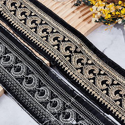 5ヤード ヴィンテージ ジャカード ポリエステル リボン  刺繍入りの織りリボン  スパンコール  ブラック  3-3/8インチ（87mm）&nbsp;SRIB-CY0001-44