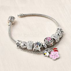 合金エナメルヨーロピアンビーズチャームブレスレット  女性用スネークチェーンブレスレット  花と蜂と空の輪  ポリマークレイラインストーンとシリコンビーズ付き  鉛フリー＆カドミウムフリー  アンティークシルバー＆プラチナ  7-3/8インチ（18.8cm）&nbsp;BJEW-F495-16P