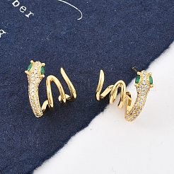 真鍮製 マイクロパヴェ キュービックジルコニア スタッドピアス 女性用  ヘビ  18KGP本金メッキ  14x16.5mm&nbsp;LS-EJEW-F352-03G