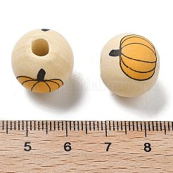 ハロウィーンプリントのシマウッドヨーロピアンビーズ  ラウンド  カボチャ  15x14.5mm  穴：4mm&nbsp;WOOD-G023-07C