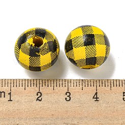 プリントウッドヨーロピアンビーズ  タータン模様のラウンド  ゴールド  15.5~16mm  穴：4~4.5mm&nbsp;WOOD-G022-13F