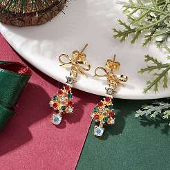 合金ラインストーンクリスマスツリースタッドイヤリング  真鍮製スタッドピアス  ゴールドカラー  33x15mm&nbsp;EJEW-TA00444