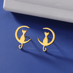 女性用304ステンレススチールスタッドピアス  猫とムーン  ゴールドカラー  17.5x13mm&nbsp;EJEW-F320-03G