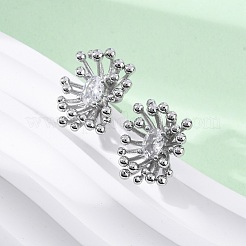 花の真鍮クリアキュービックジルコニアスタッドピアス  鉛フリー＆カドミウムフリー  長持ちメッキ  ラックめっき  プラチナ  19x14mm&nbsp;EJEW-R025-22P