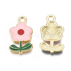 環境に優しい亜鉛合金ペンダント  エナメル  花  カドミウムフリー＆ニッケルフリー＆鉛フリー  ゴールドカラー  ピンク  19.5x11x2.5mm  穴：2mm&nbsp;ENAM-R051-12-03G-NR