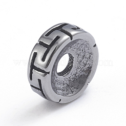 レトロ 304 ステンレス スペーサー ビーズ  t模様のフラットラウンド  アンティークシルバー  8x2.8mm  穴：2.2mm&nbsp;STAS-L243-040AS