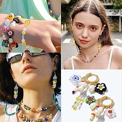 2連売り2スタイルの手作りランプワークビーズ連売り  ナザールボンジュウ付き花  きいろ  6~9x6~9x3mm  穴：0.7~0.8mm  約63~65個/連  14.57インチ〜15.94インチ（37~40.5cm）  1連売り/スタイル&nbsp;LAMP-NB0001-65
