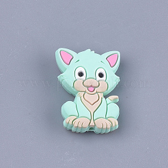 食品グレードの環境に優しいシリコーン焦点ビーズ  子猫  猫  アクアマリン  29.5x22x8mm  穴：2mm&nbsp;SIL-T052-02A