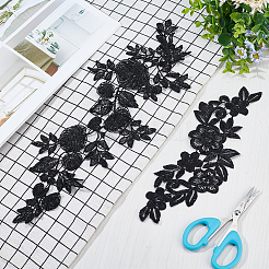 4組 2スタイルの花柄ポリエステル刺繍布 アイロン接着/縫い付けアップリケ  装飾アクセサリー  ブラック  270~345x75~118x1.5mm  2ペア/スタイル&nbsp;DIY-GF0008-83