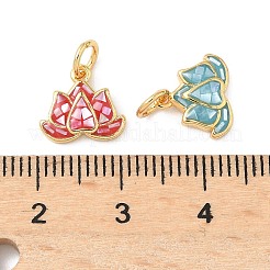 ラックメッキ真鍮＆シェルチャーム  エナメル  蓮  長持ちメッキ  カドミウムフリー＆鉛フリー  丸カン付き  18KGP本金メッキ  9.5x10.5x2.5mm  穴：3.4mm&nbsp;KK-I357-10G